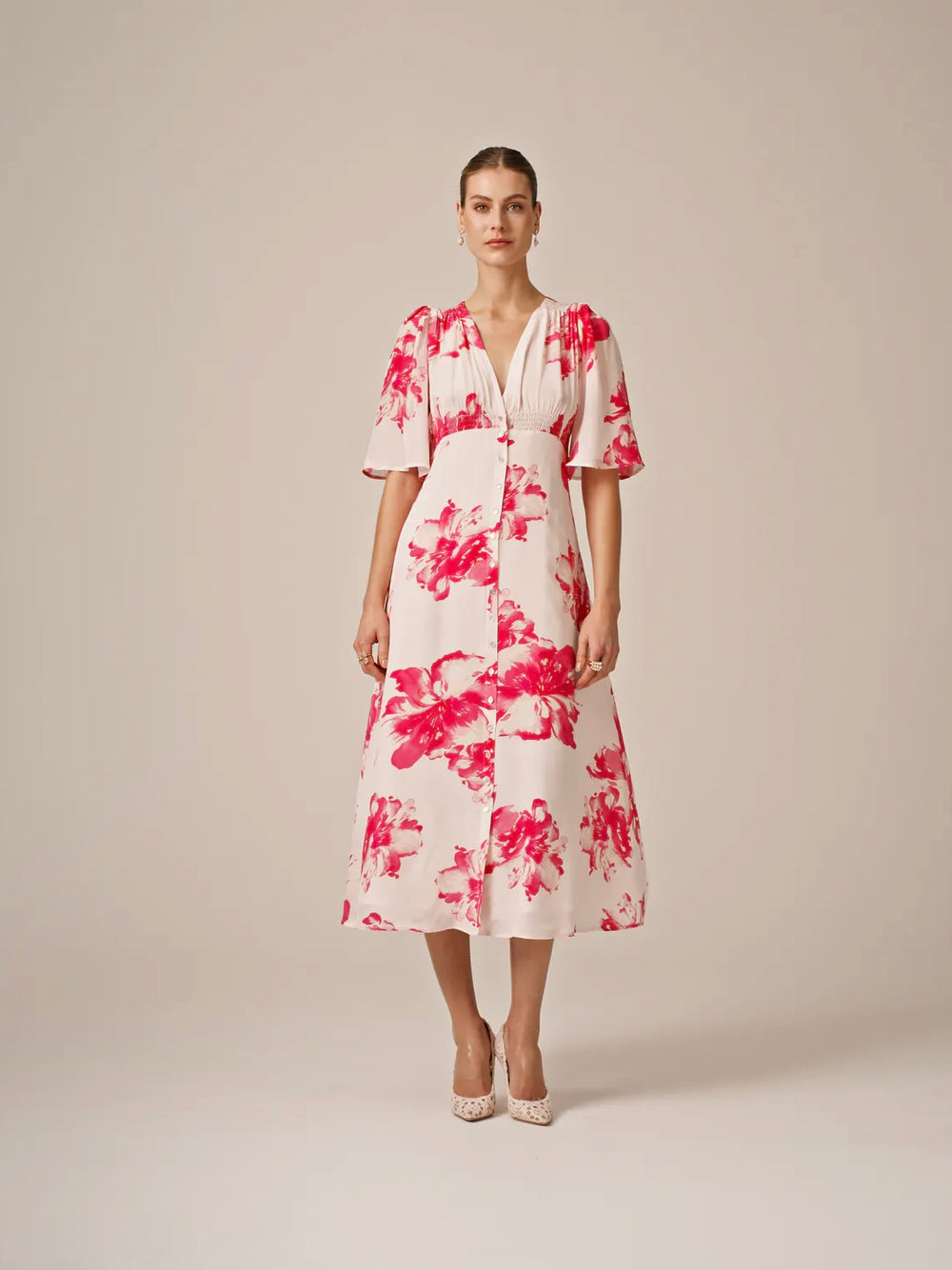 BY TIMO SATIN BUTTON DOWN DRESS HIBISKUS