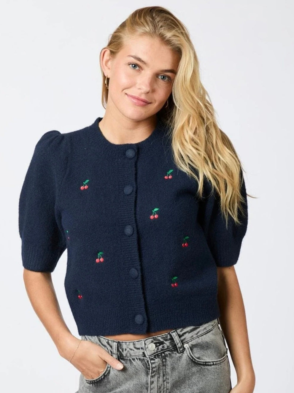 NEO NOIR TRUDY EMBROIDERY KNIT CARDIGAN NAVY