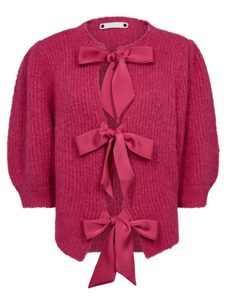 CO’COUTURE CORALIE BOW RIB CARDIGAN FLASH PINK